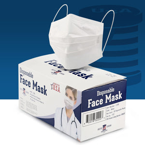 box of white disposable face masks made in usa