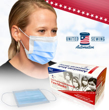 Load image into Gallery viewer, woman wearing blue disposable face mask made in usa