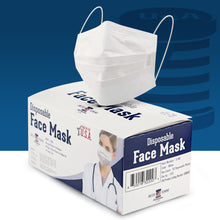 Load image into Gallery viewer, box of white disposable face masks made in usa
