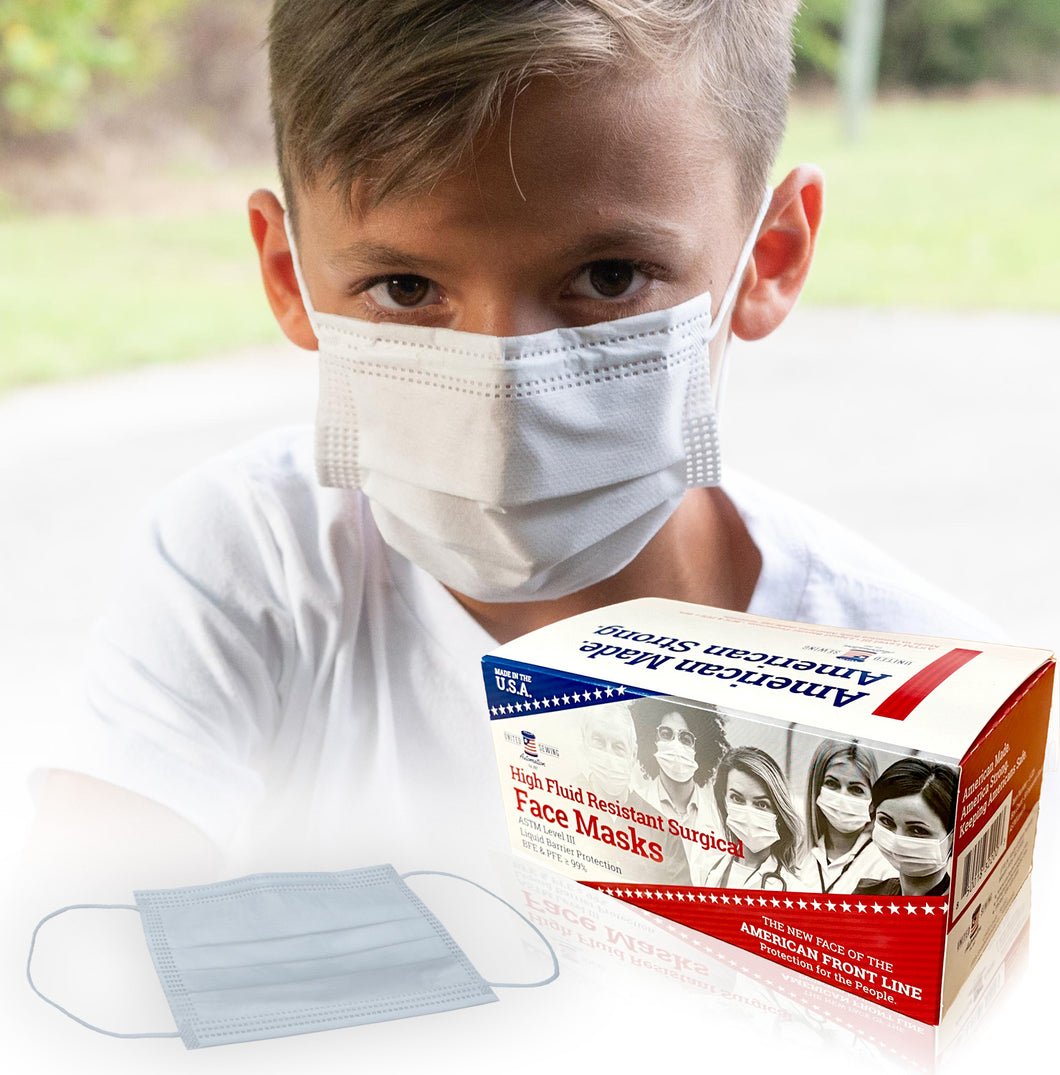 child wearing white kids face mask made in usa