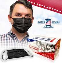 Load image into Gallery viewer, man wearing black disposable face mask made in usa
