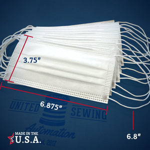 graphic showing dimensions of white disposable face masks made in usa