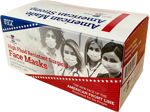 box of white disposable face masks made in usa