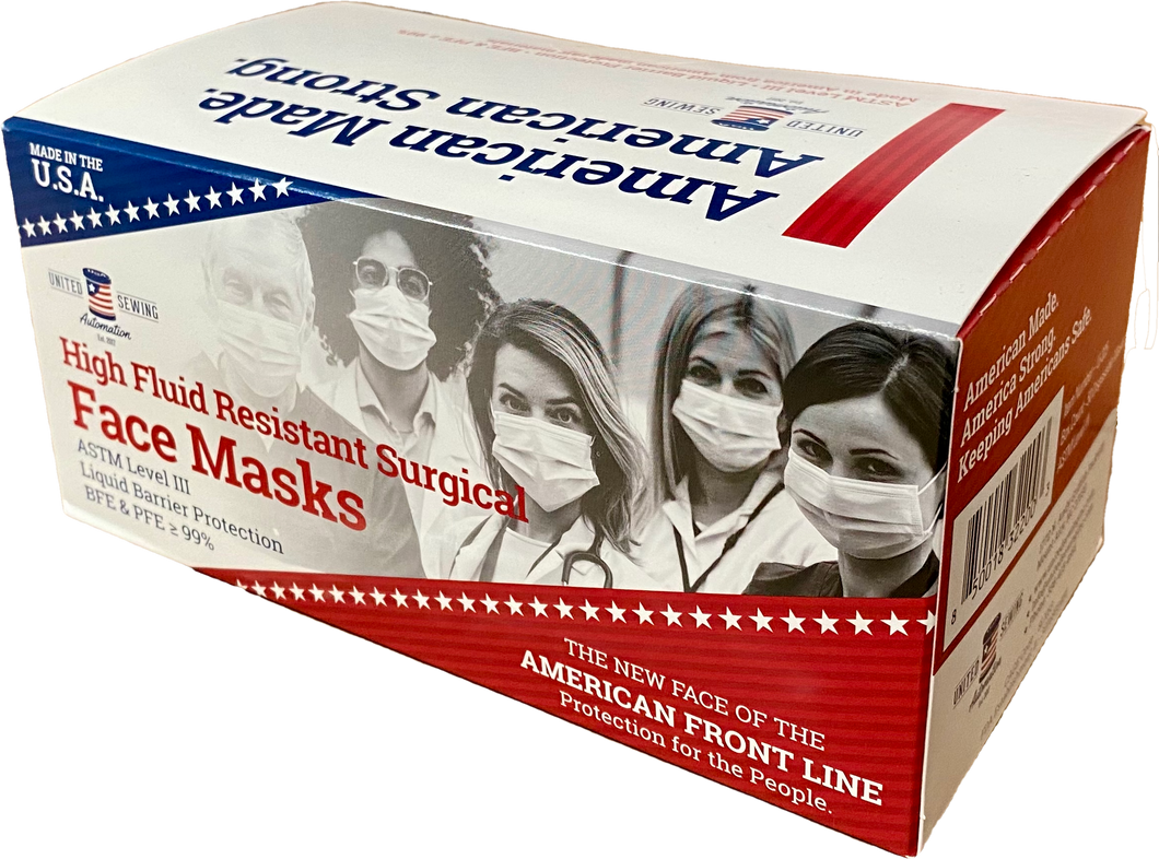 box of white disposable face masks made in usa